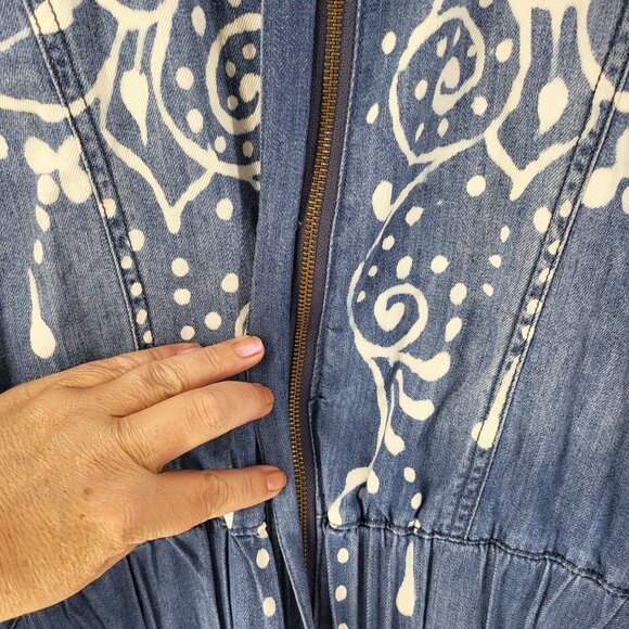 Kardashian Kollection Womens XL Denim Jacket With White Boho Print & Zipper Clos - Picture 7 of 16